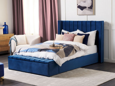 Velvet EU Double Size Bed with Storage Bench Blue NOYERS