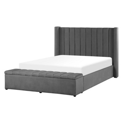 Velvet EU Double Size Bed with Storage Bench Grey NOYERS