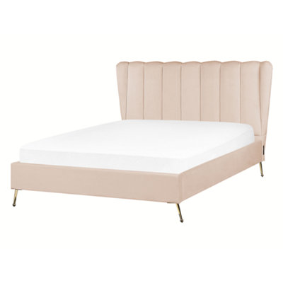 Velvet EU Double Size Bed with USB Port Beige MIRIBEL