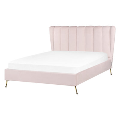 Velvet EU Double Size Bed with USB Port Pink MIRIBEL