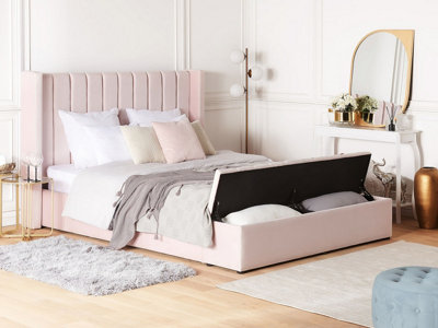 Velvet EU King Size Bed with Storage Bench Pastel Pink NOYERS