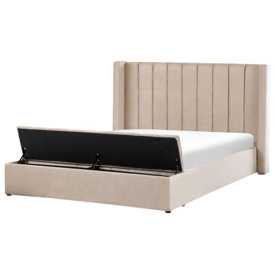 Velvet EU Super King Size Bed with Storage Bench Beige NOYERS