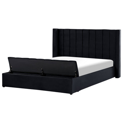 Velvet EU Super King Size Bed with Storage Bench Black NOYERS