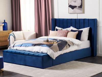 Velvet EU Super King Size Bed with Storage Bench Blue NOYERS