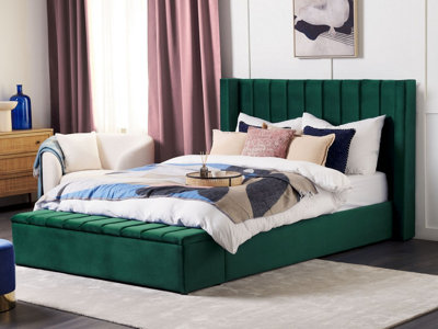 Velvet EU Super King Size Bed with Storage Bench Green NOYERS