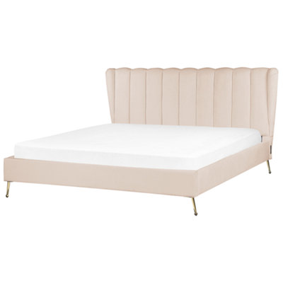 Velvet EU Super King Size Bed with USB Port Beige MIRIBEL