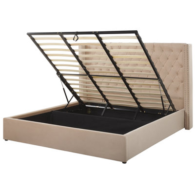 Velvet EU Super King Size Ottoman Bed Beige LUBBON