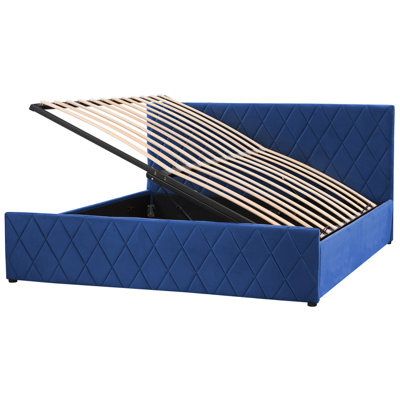 Velvet EU Super King Size Ottoman Bed Blue ROCHEFORT