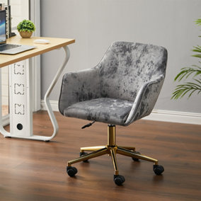 Velvet Fabric Upholstered Desk Chair for Home Office Modern Adjustable Swivel Task Chair with Gold Base Bedroom Grey