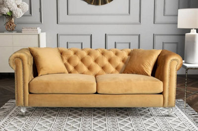 Velvet Gold 3 Seater Chesterfield Sofa With Acrylic Feet