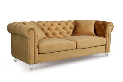 Velvet Gold 3 Seater Chesterfield Sofa With Acrylic Feet