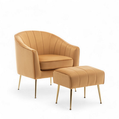 Velvet Gold Barcelona Accent Chair with Footstool