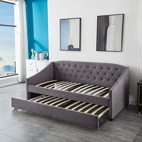 Velvet Grey Daybed 3ft Single Sofa Bed With Underbed Trundle Living Room Bedroom Furniture Guest Day Bed