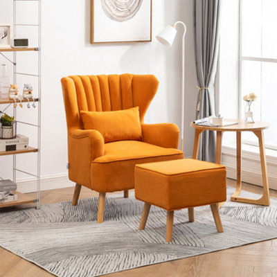 Velvet High-Back Accent Armchair with Footstool and Lumbar Pillow and Wooden Legs for Bedroom Living Room