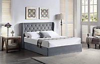 Velvet King Size Ottoman Bed Frame Tall Winged Headboard Deluxe Grey