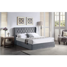 Velvet King Size Ottoman Bed Frame Tall Winged Headboard Deluxe Grey