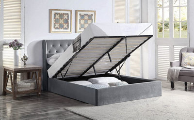 Velvet King Size Ottoman Bed Frame Tall Winged Headboard Deluxe Grey