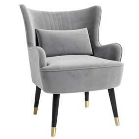 Velvet Living Room Armchair with Lumbar Pillow, Leisure Single Sofa Chair with Curved Armrest, Wide Accent Chair Gray