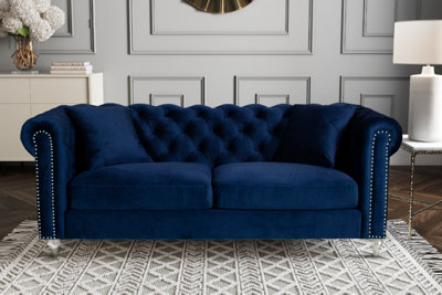 Velvet Navy Blue 3 Seater Chesterfield Sofa With Acrylic Feet