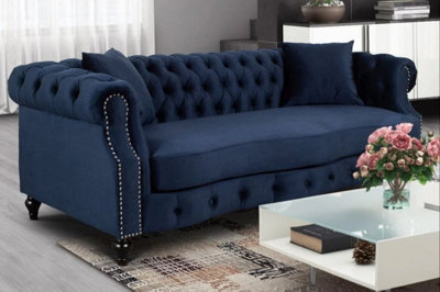 Velvet Navy Blue 3 Seater Chesterfield Sofa