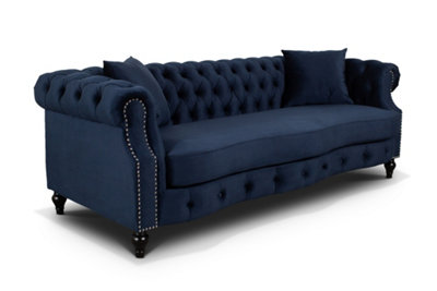 Velvet Navy Blue 3 Seater Chesterfield Sofa