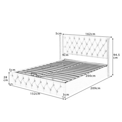 Velvet Ottoman King Size Bed Frame with Wing Headboard and Lift Up Under Bed Storage 5FT