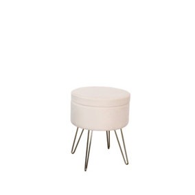Velvet Padded Stool with Storage Seat Chair Sturdy Metallic Legs for Bedroom, Living Room, Make up Vanity Stool - Ivory
