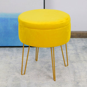 Velvet Padded Stool with Storage Seat Chair Sturdy Metallic Legs for Bedroom, Living Room, Make up Vanity Stool - Ochre Yellow