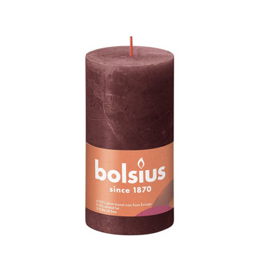 Velvet Red Bolsius Rustic Shine Pillar Candle. Unscented. H13 cm