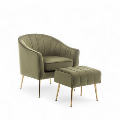 Velvet Sage Green Barcelona Accent Chair with Footstool