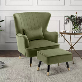 Velvet Sage Green Camila Accent Wingback Chair with Footstool