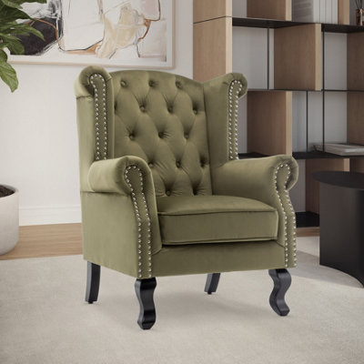 Velvet Sage Green Fireside Henley Wingback Armchair with Buttons — free download