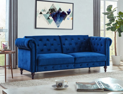 Velvet Sofa Bed Chesterfield Style 3 Seater Sofa Button Design, Dark Blue