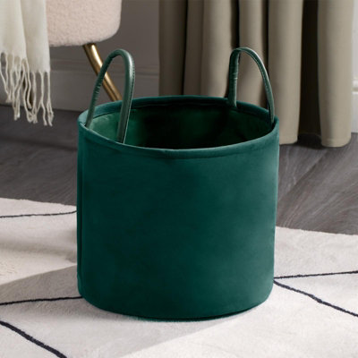 Velvet Storage Basket Hamper Clothes Toys Organiser Fabric Bag, Forest Green