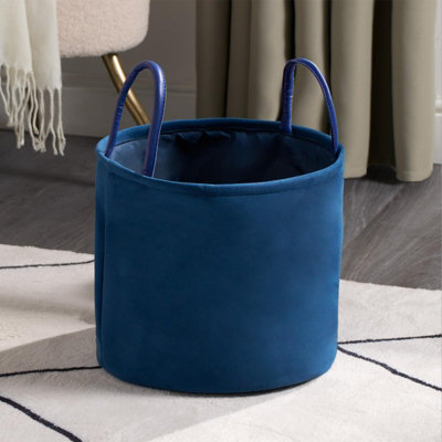 Velvet Storage Basket Hamper Clothes Toys Organiser Fabric Bag, Navy Blue