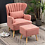 Velvet Upholstered Accent Chair with Footstool and Lumbar Pillow Upholstered Tall Back Armchair for Bedroom