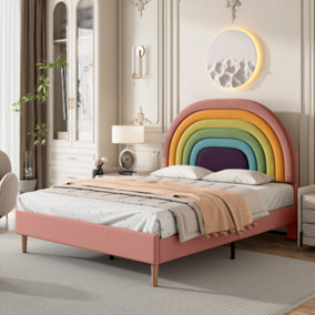 Velvet Upholstered Double Bed Frame with Rainbow Design Headboard  ( 135x190cm)