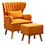 Velvet Upholstered Single Accent Chair with Footstool and Lumbar Pillow Upholstered Tall Back Armchair for Bedroom
