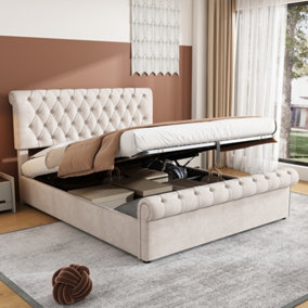 Velvet Upholstered Tufted Double Bed Frame with Under Bed Storage Beige (4ft6, 135x190) Ottoman Bed Frame