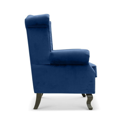 Velvet Wing Back Fireside Henley Chair Armchair with Buttons Blue