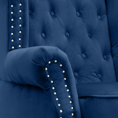 Velvet Wing Back Fireside Henley Chair Armchair with Buttons Blue