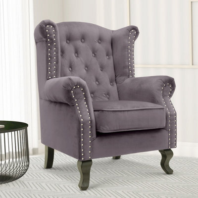 Velvet Wing Back Fireside Henley Chair Armchair with Buttons Dark Grey