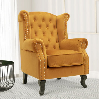 Velvet Wing Back Fireside Henley Chair Armchair with Buttons Mustard Gold