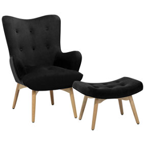 Velvet Wingback Chair with Footstool Black VEJLE