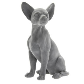 Velveteen range laying sitting Chihuahua figurine, retro style grey velvet finish on-trend home decoration