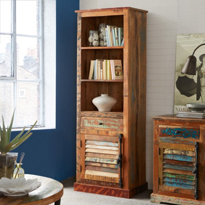 Vema Reclaimed Boat Wood 3 Shelves And 1 Door With Drawers Bookcase