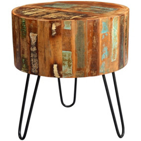Vema Reclaimed Boat Wood And Metal Drum Shape Round Side Table