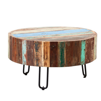 Vema Reclaimed Boat Wood Drum Shape Coffee Table