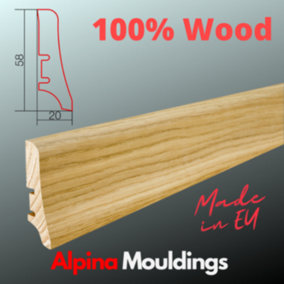 Veneered Solid Wood Skirting Board in Oak. 1.95 m lenght - 58 mm high - Free Clips