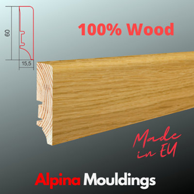 Veneered Solid Wood Skirting Board in Oak. 1.95 m lenght - 60 mm high - Free Clips - 3
